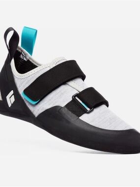 Female rock Climbing Shoe in Light Gray with Black & Teal Accents